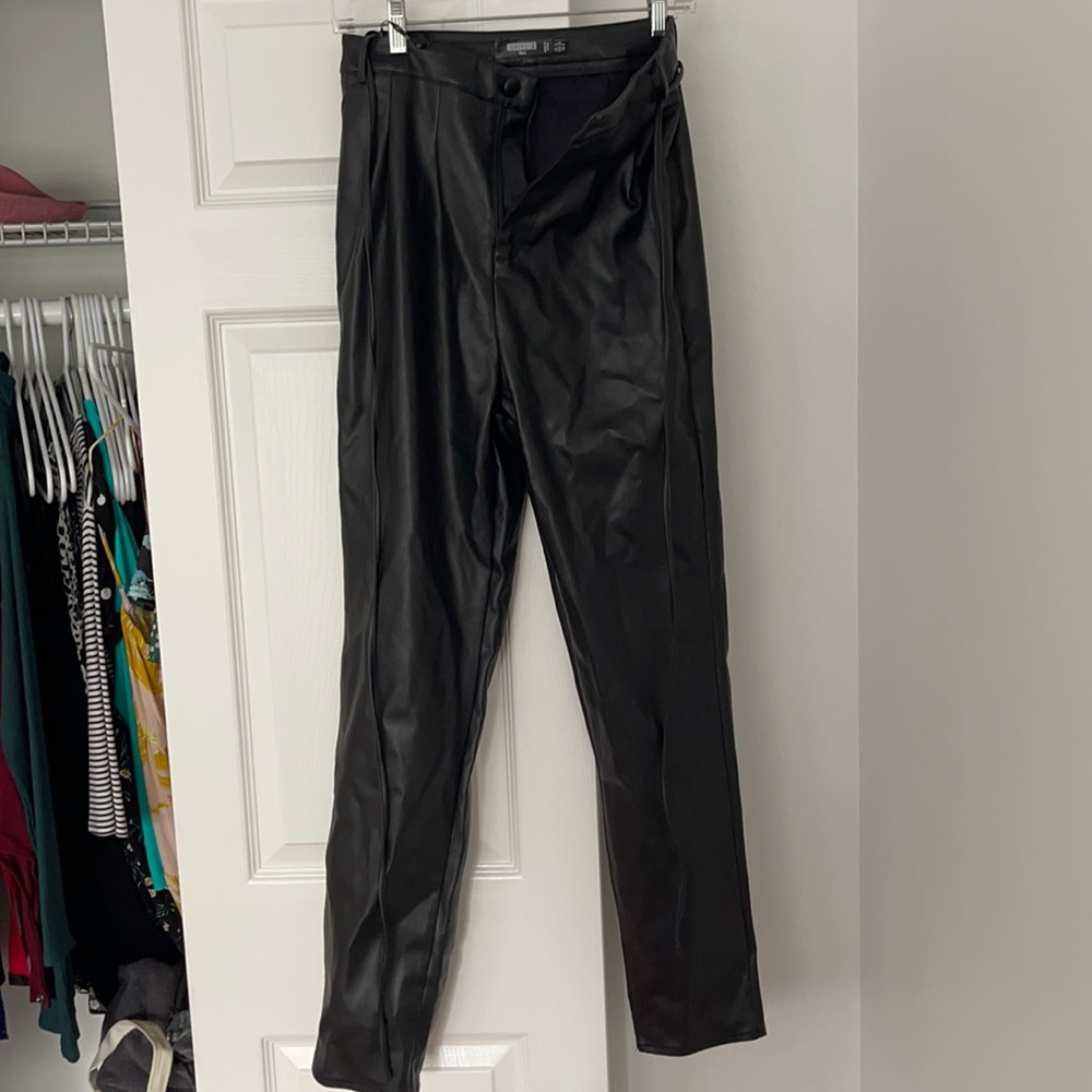 COPY - Tall Black Tie Detail Faux Leather Trousers